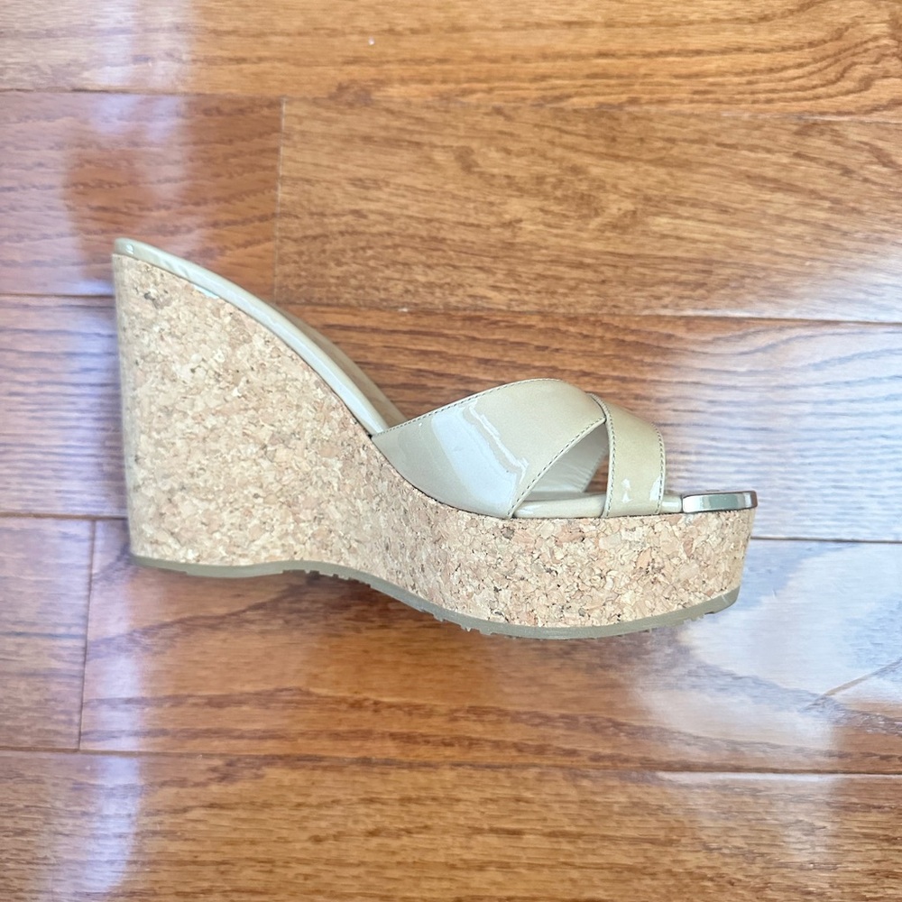 Brand New Jimmy Choo Perfume 120 Patent Leather and Cork Wedge Sandals